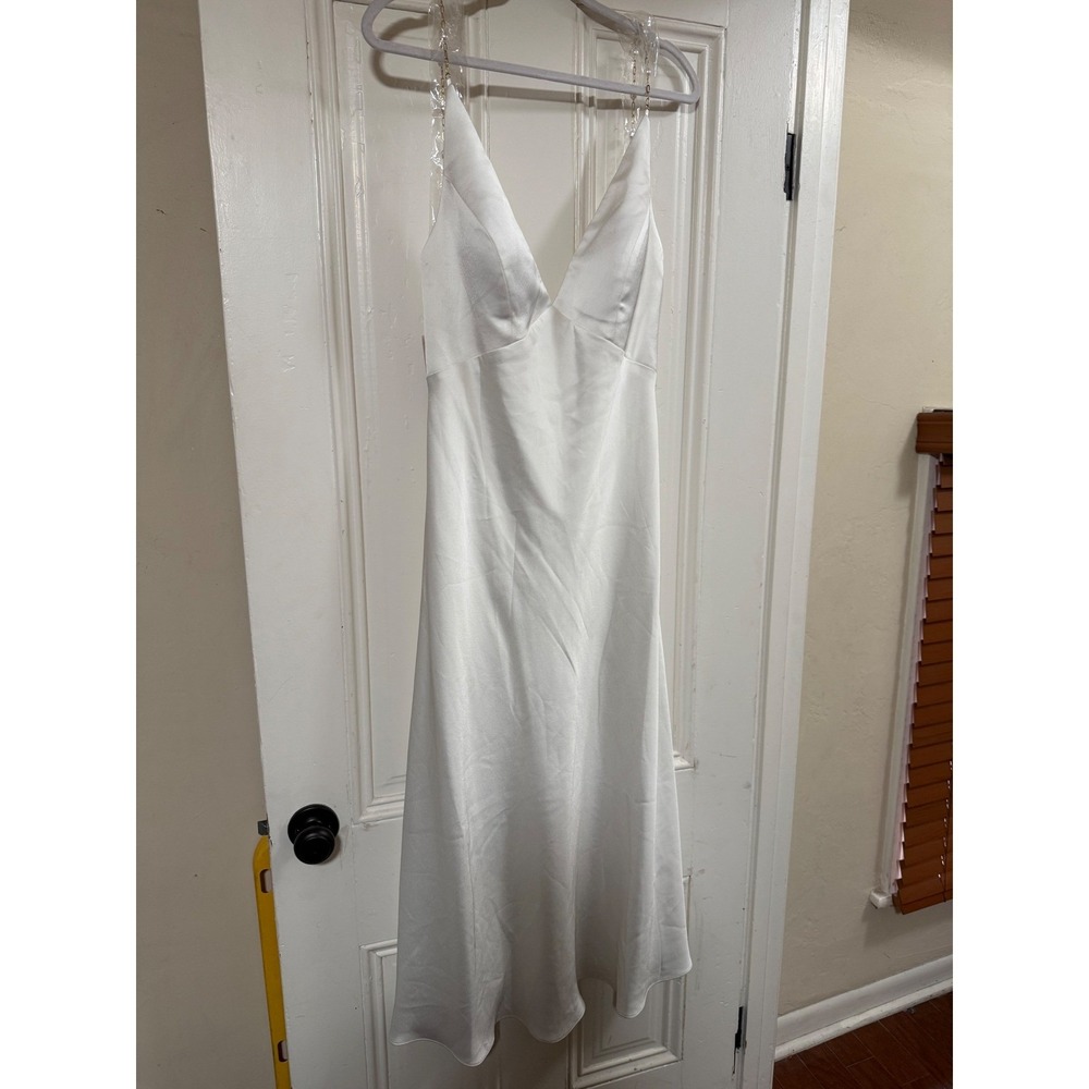 Jenny Yoo Kelly White Satin Pearl Strap Midi Dress V-Neck Bridal Event Size 16